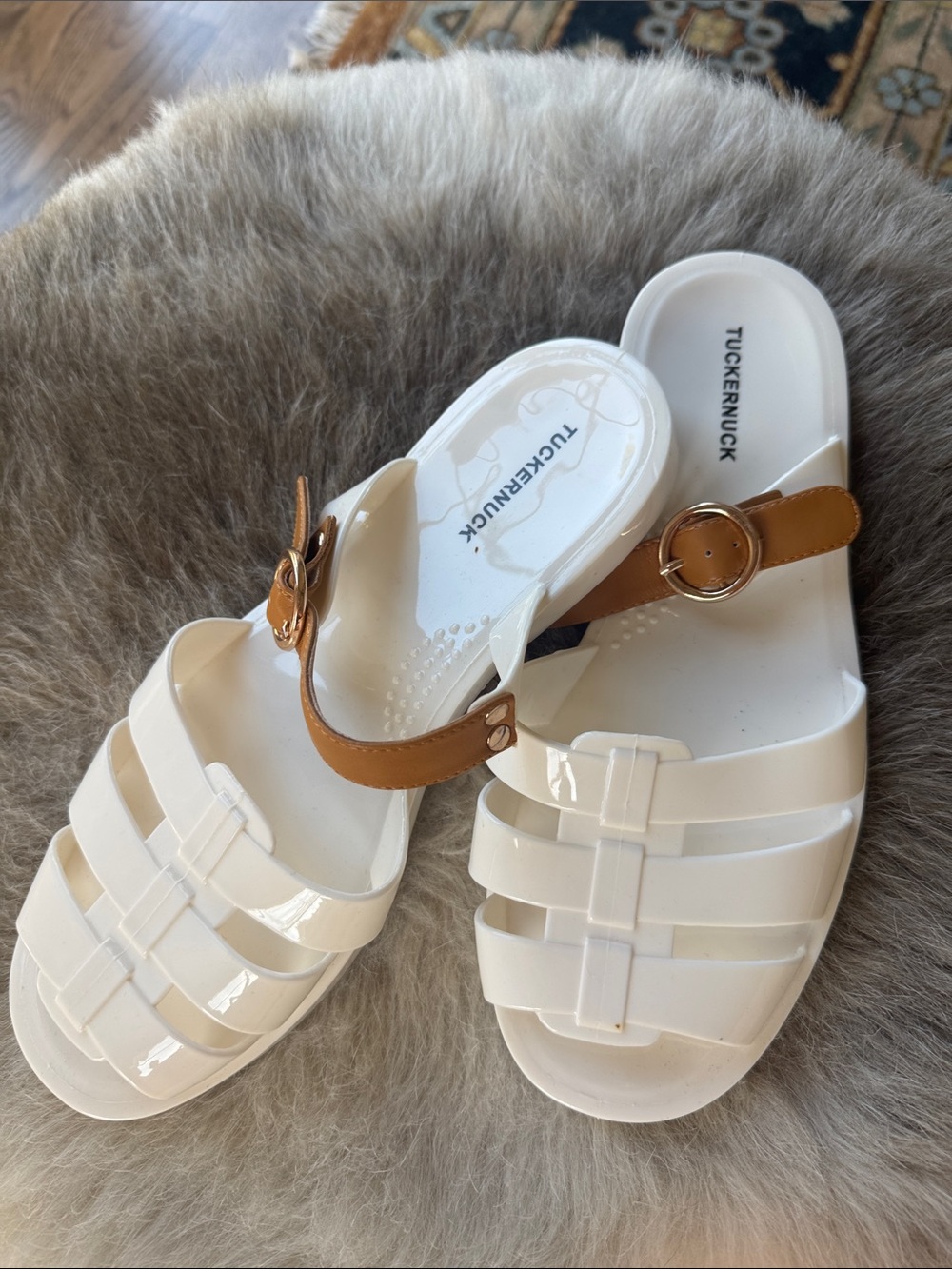 Tuckernuck White Jelly Slide Sandals with Tan Strap